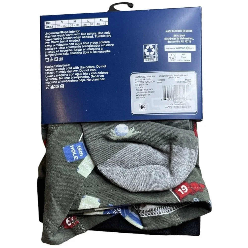 George Large Boxer Brief Crew Sock‎ Combo Pack Golf Theme Green Stocking Gift
